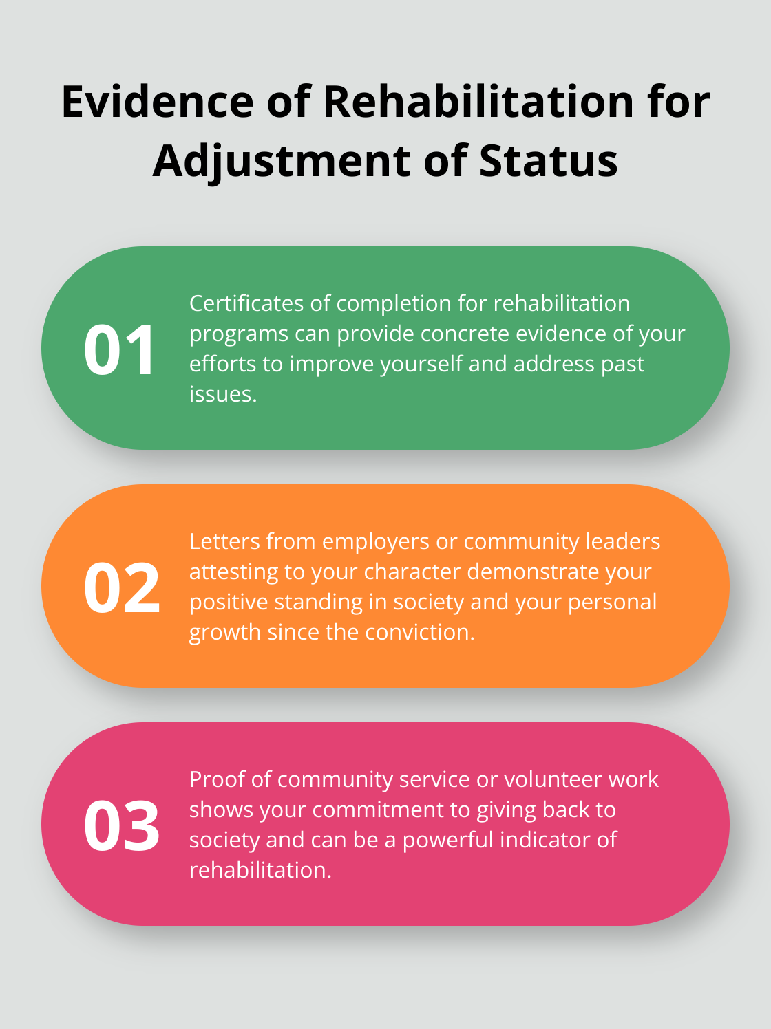 An ordered list chart showing three types of evidence that can demonstrate rehabilitation for an Adjustment of Status application: certificates of completion for rehabilitation programs, letters from employers or community leaders, and proof of community service or volunteer work. - adjustment of status criminal record