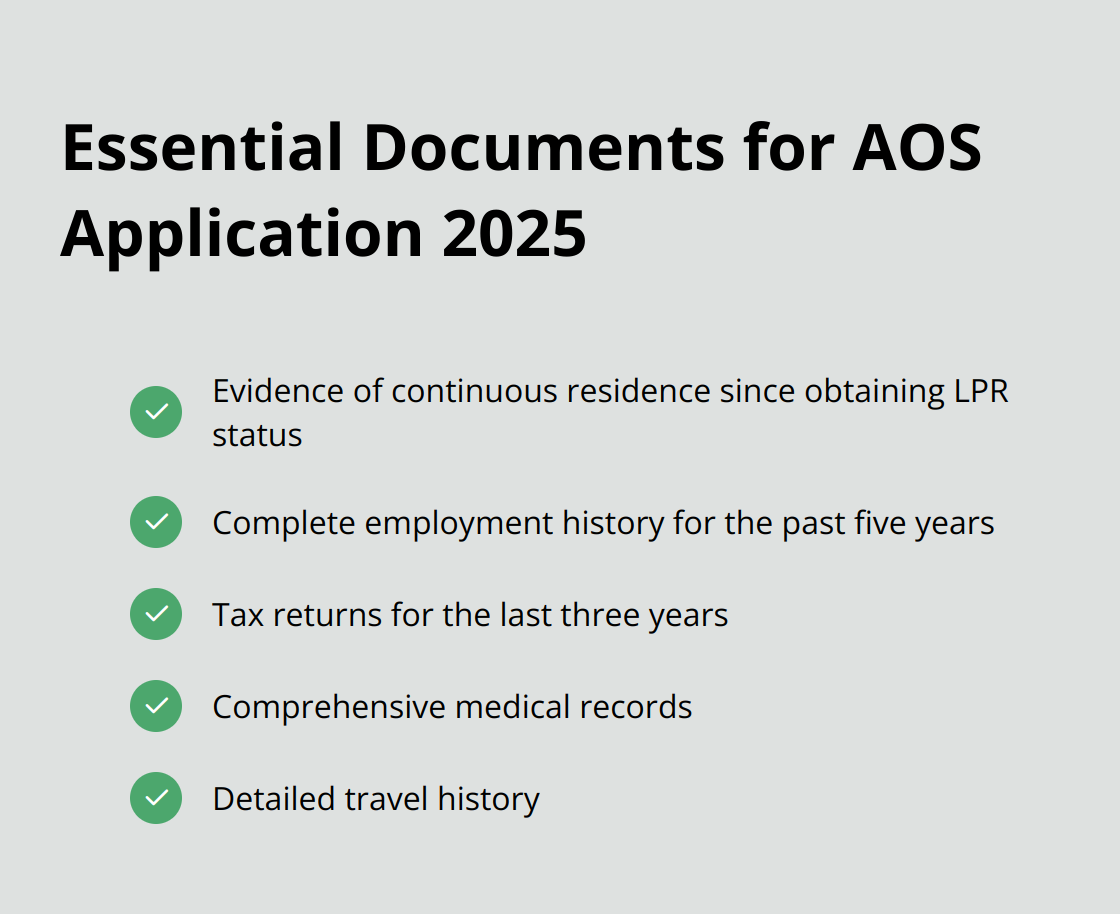 Checkmark list of 5 essential documents required for Adjustment of Status application in 2025 - adjustment of status 2025