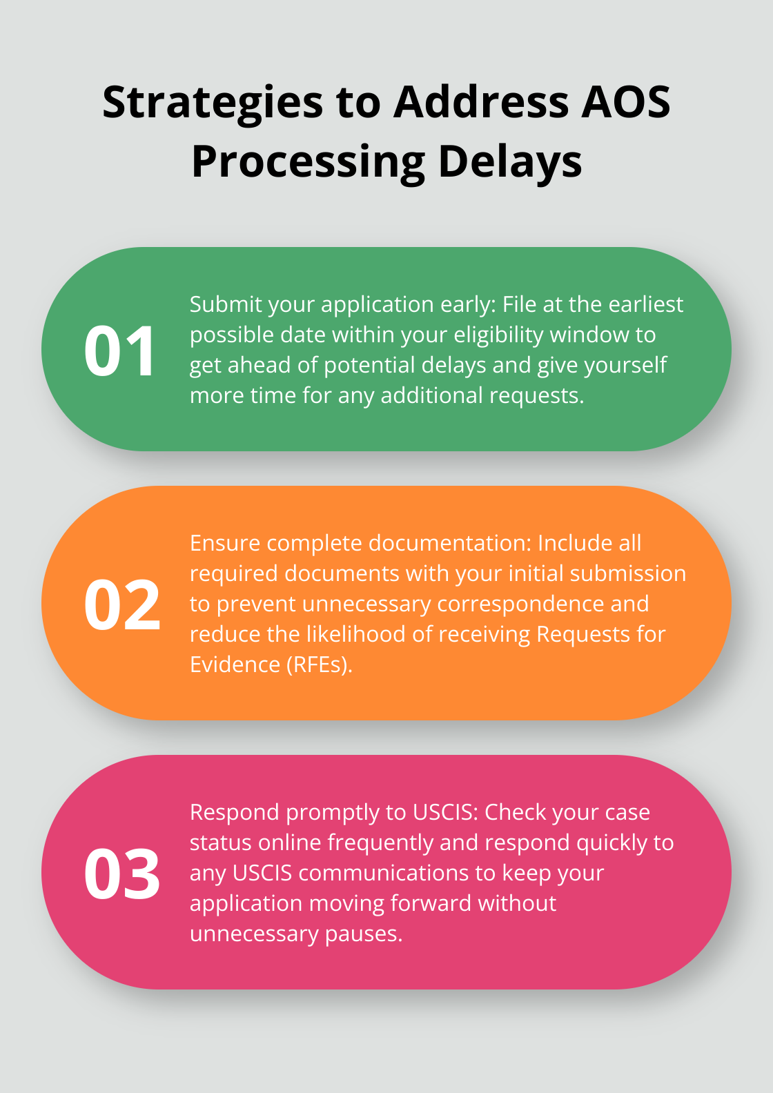 Ordered list chart showing three strategies to address Adjustment of Status processing delays in 2025