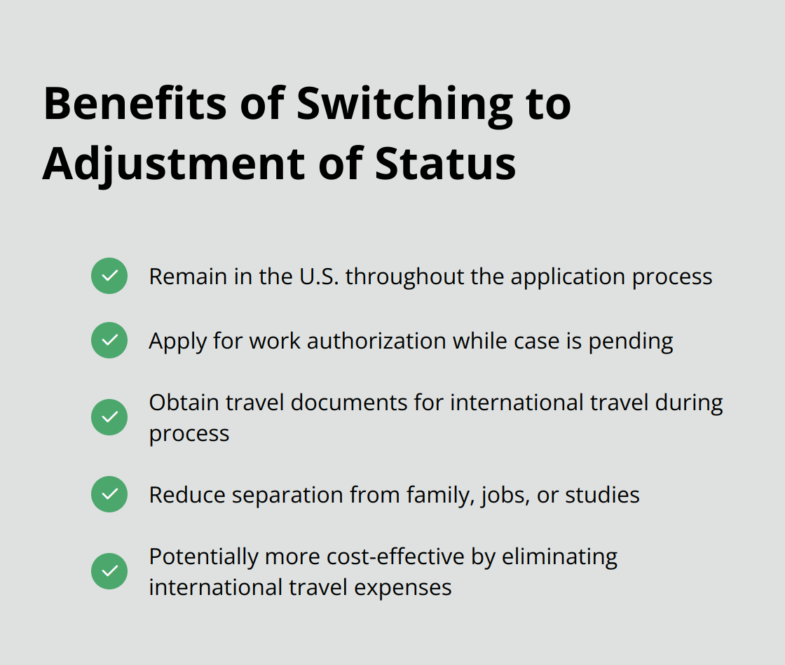 Checkmark list showing the benefits of switching to Adjustment of Status - transfer from consular processing to adjustment of status
