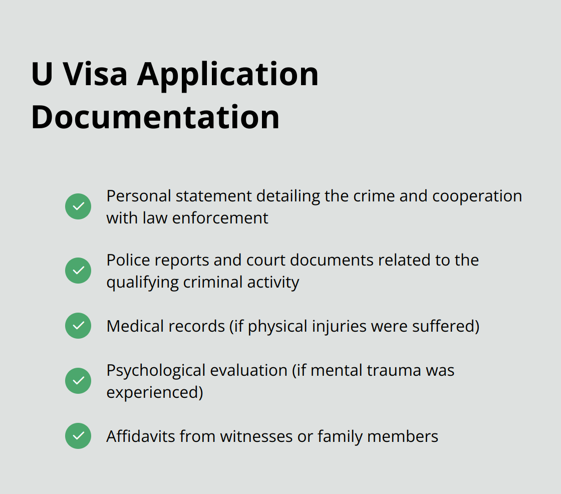 Checkmark list of required documents for U visa application: personal statement, police reports, court documents, medical records, psychological evaluation, and witness affidavits. - u visa adjustment of status with removal order