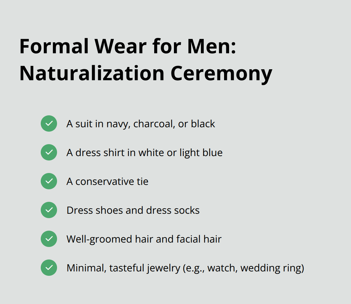 Checkmark list of key components for men's formal wear at a naturalization ceremony - naturalization ceremony attire