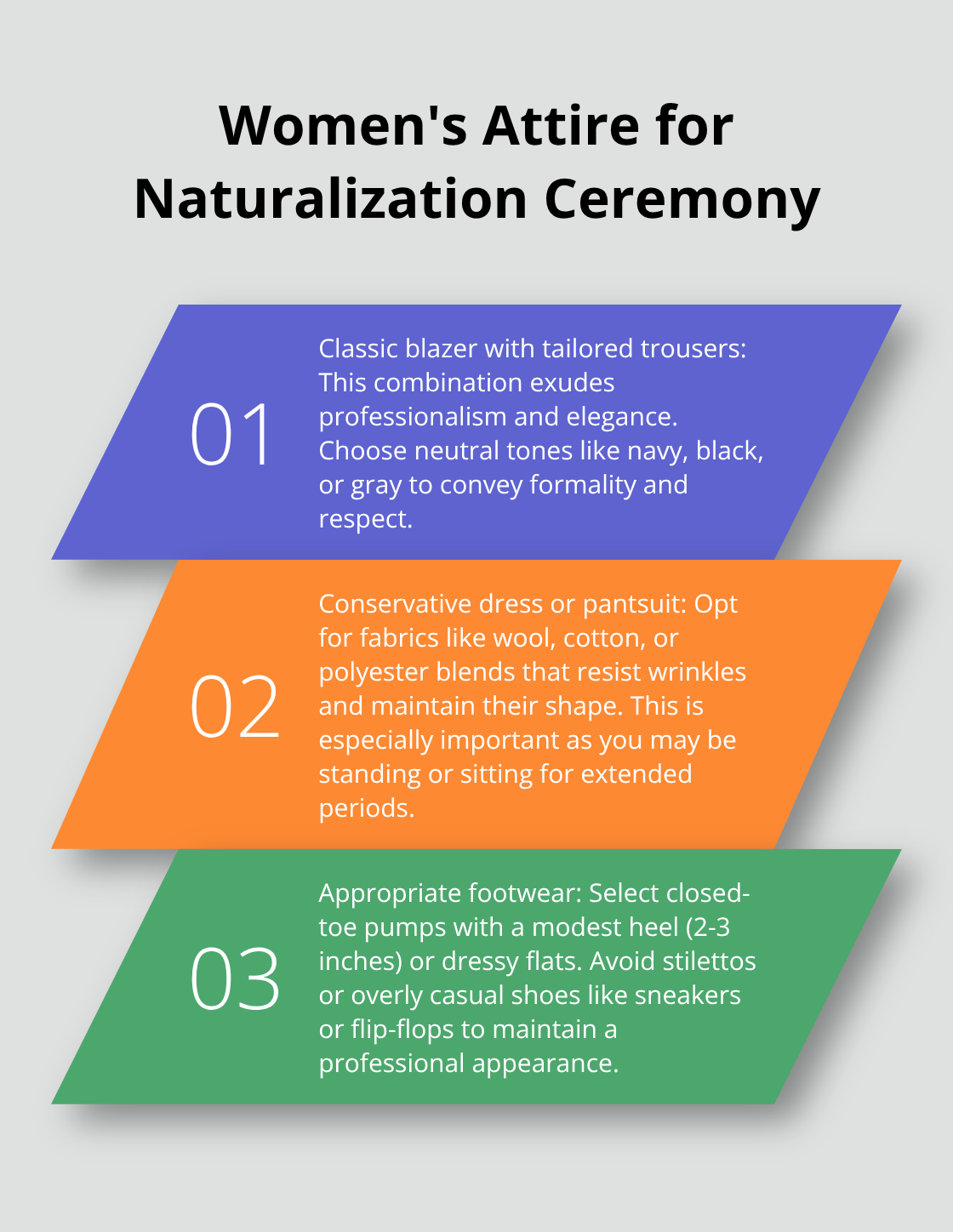 Ordered list of professional and modest outfit options for women at a naturalization ceremony