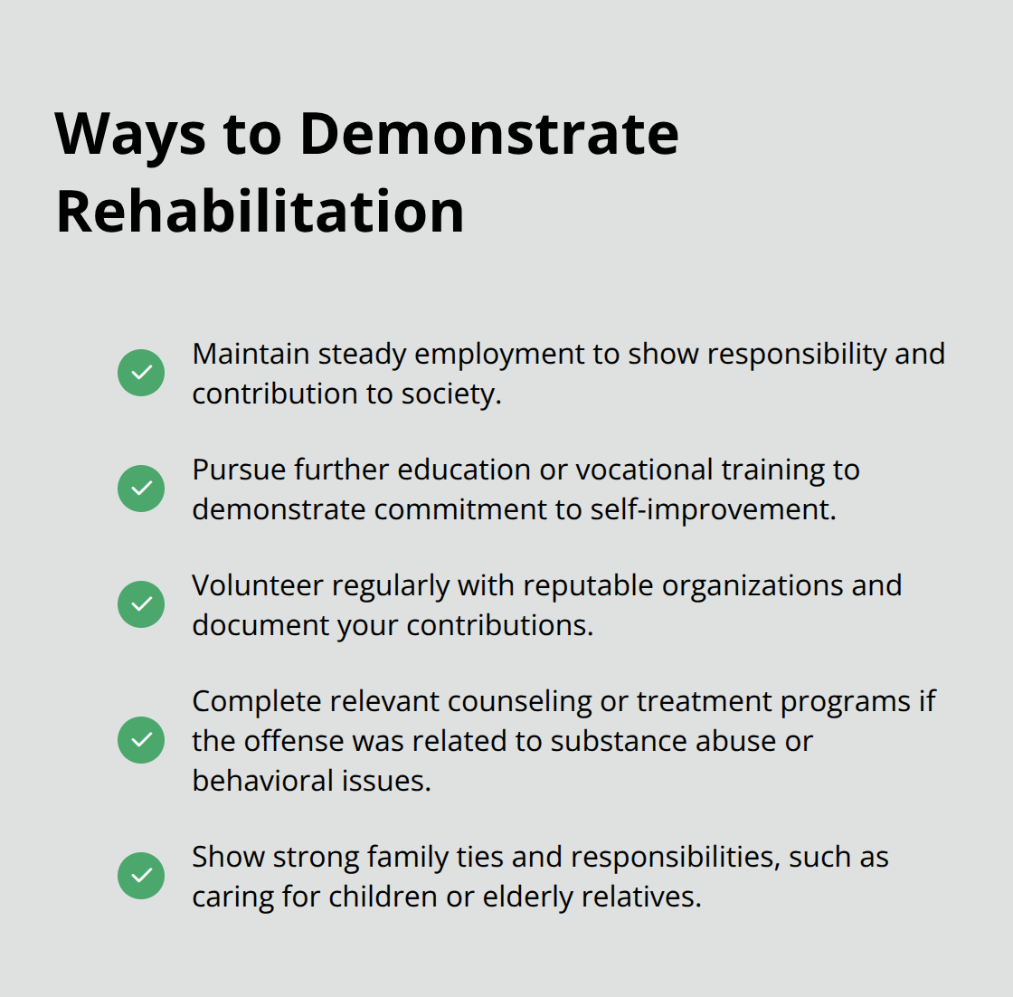 Checkmark list chart highlighting five ways to demonstrate rehabilitation and community involvement for naturalization applicants with a criminal record. - naturalization criminal record