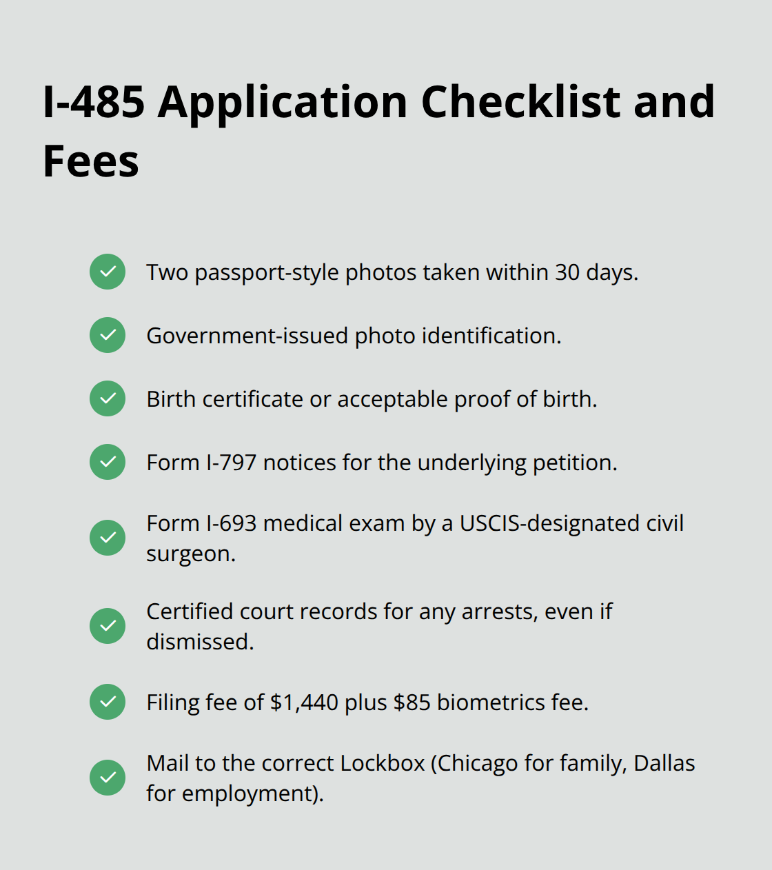 Checklist of I-485 documents, fees, and mailing guidance for U.S. adjustment of status. - adjustment of status and work permit