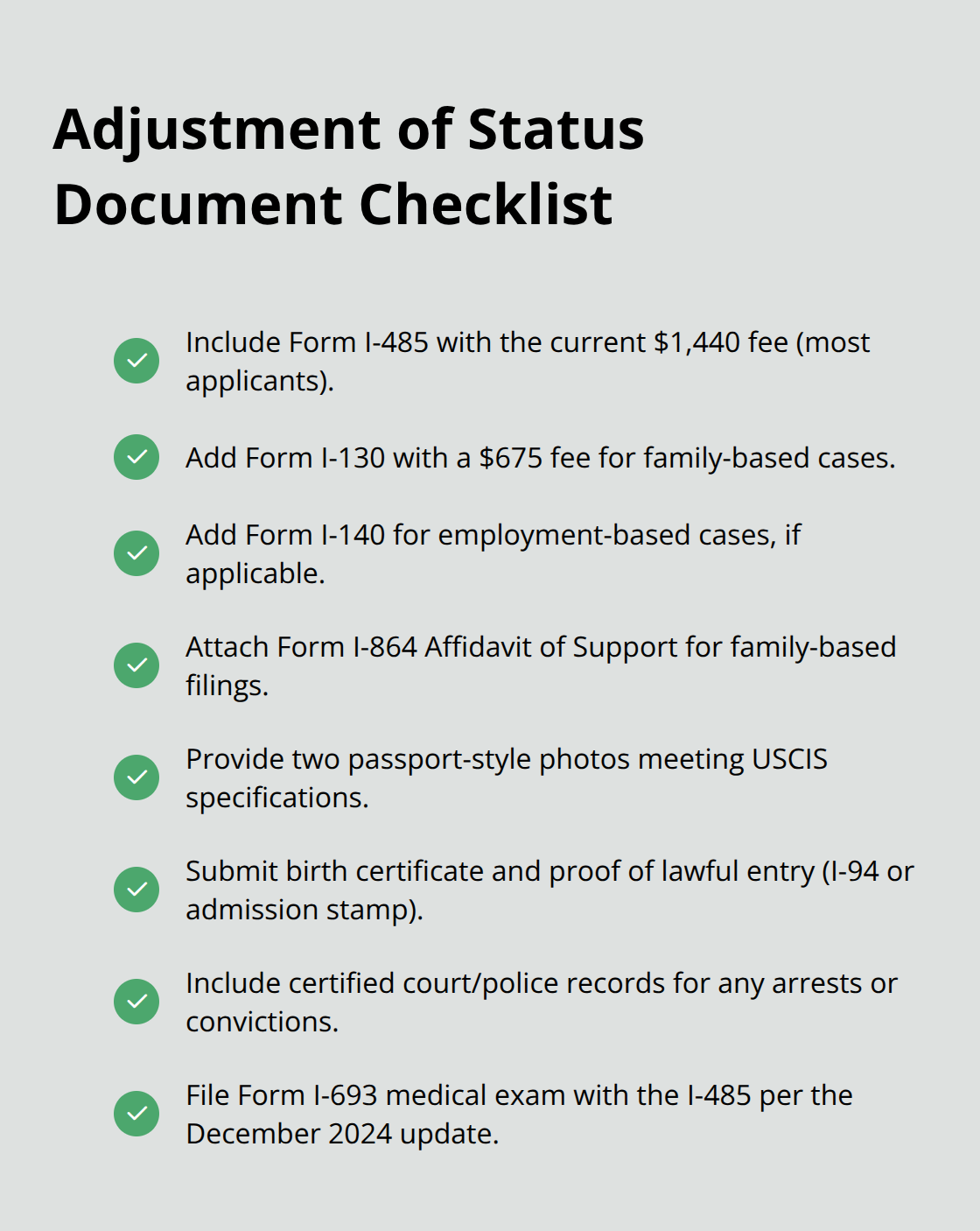 Checklist of required forms and evidence for I-485 filings