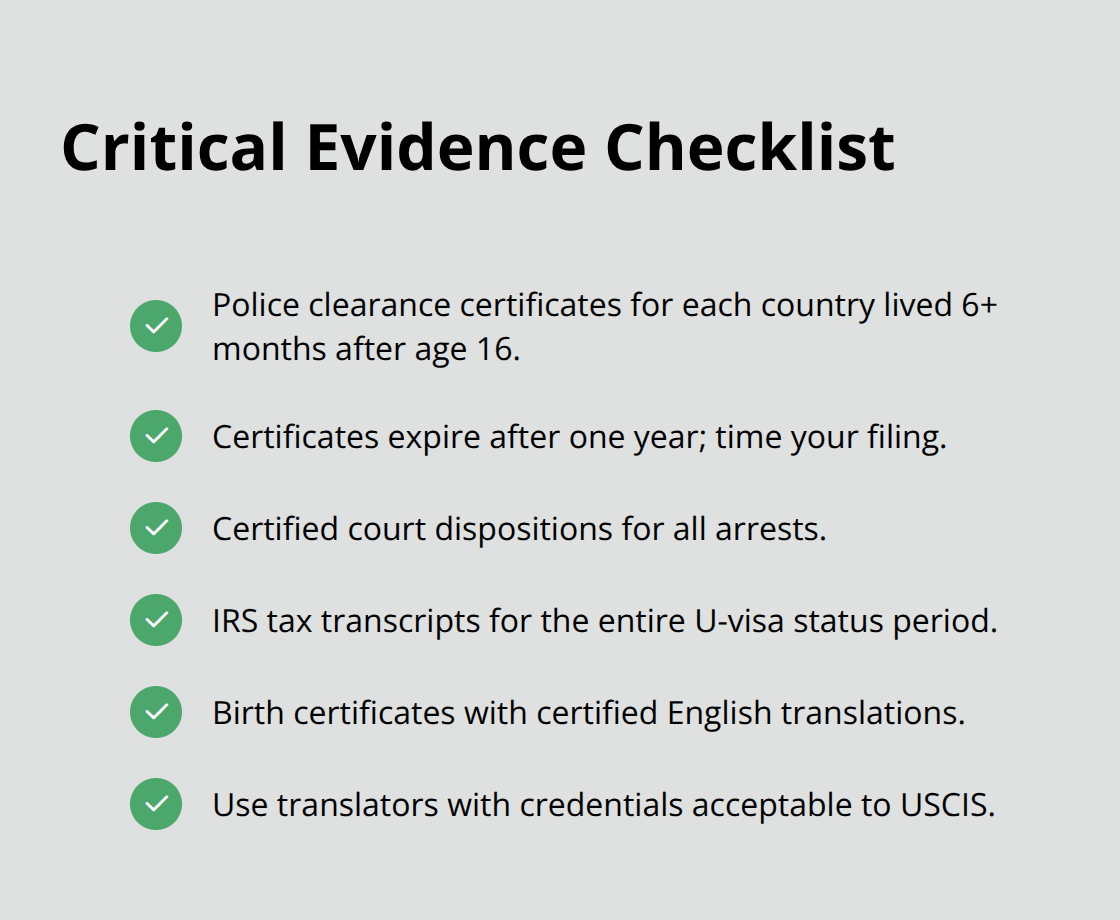 Checklist of documents required for U-visa adjustment of status evidence