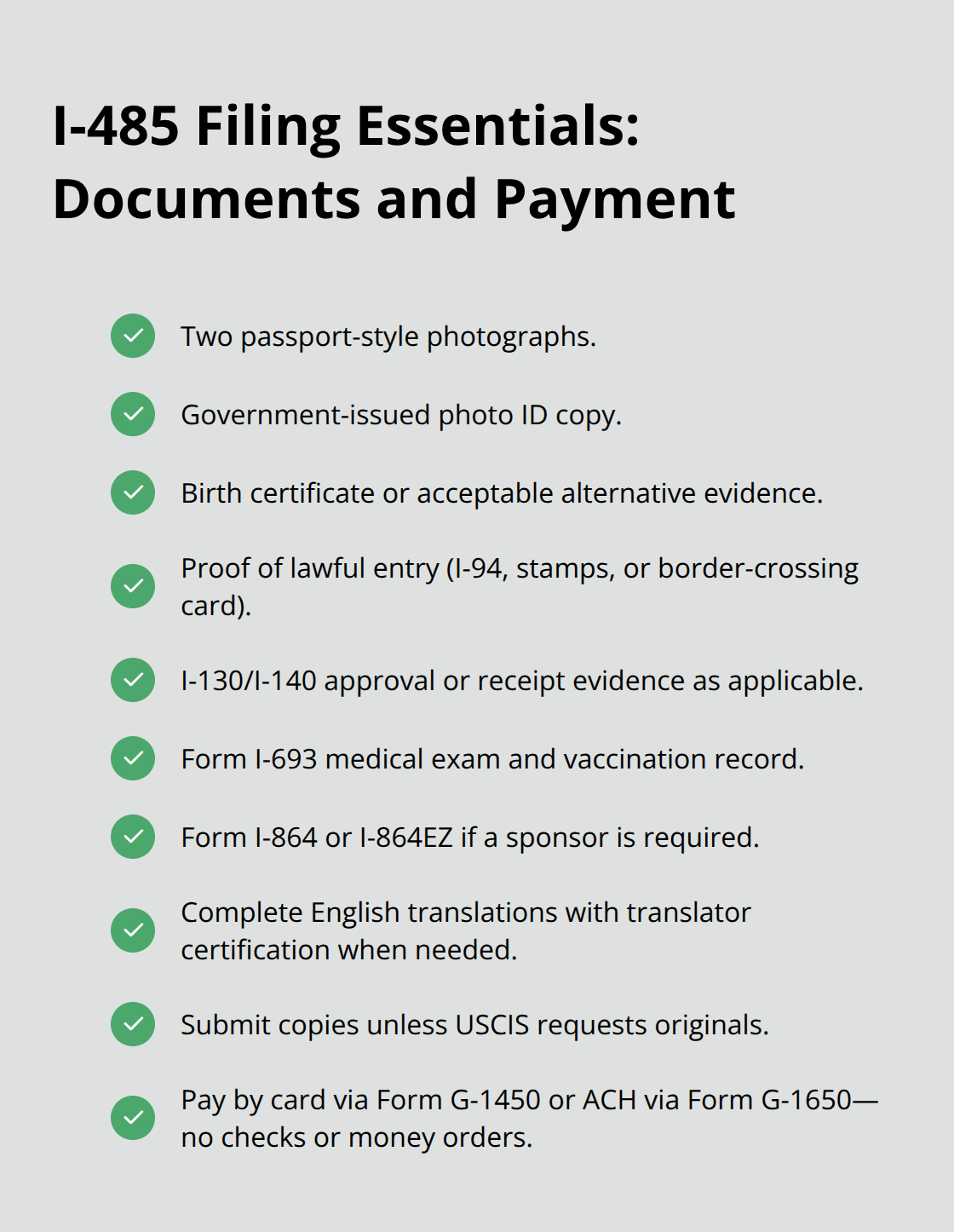 Checklist of required documents and acceptable payment methods for a complete I-485 filing in the U.S.