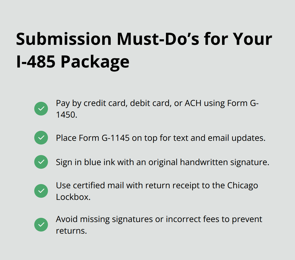 Checklist of critical submission steps including payment method, G-1145 alerts, blue-ink signature, certified mailing, and fee accuracy. - k1 visa adjustment of status step-by-step