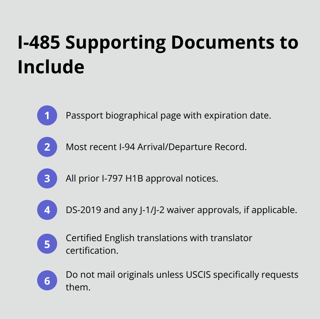 Compact list of required supporting documents and rules for filing Form I-485 in the U.S. - h1b adjustment of status