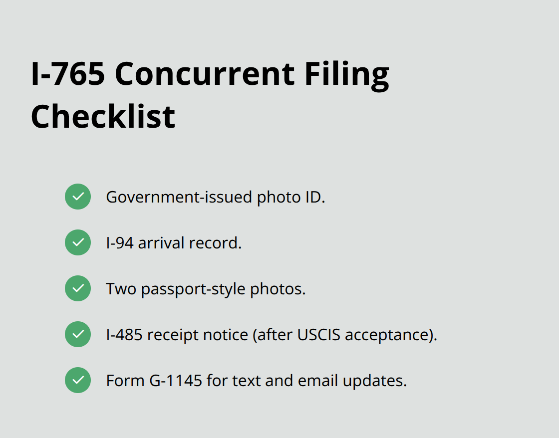 Compact checklist of documents and notifications needed to file Form I-765 with Form I-485