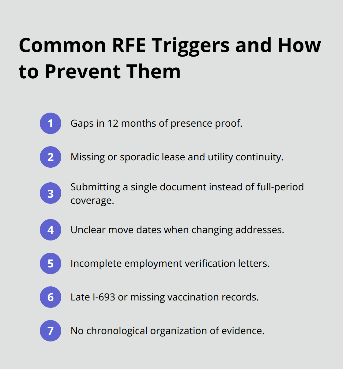 Compact list of frequent RFE triggers in asylee adjustment cases and quick prevention tips. - asylum adjustment of status