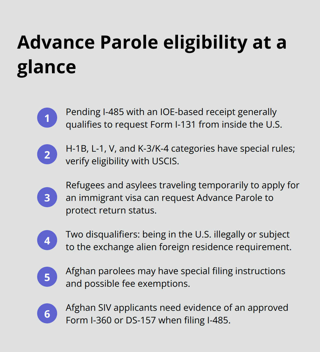 Compact list summarizing who generally qualifies for Advance Parole, key exceptions, and disqualifiers during adjustment of status in the U.S. - adjustment of status advance parole