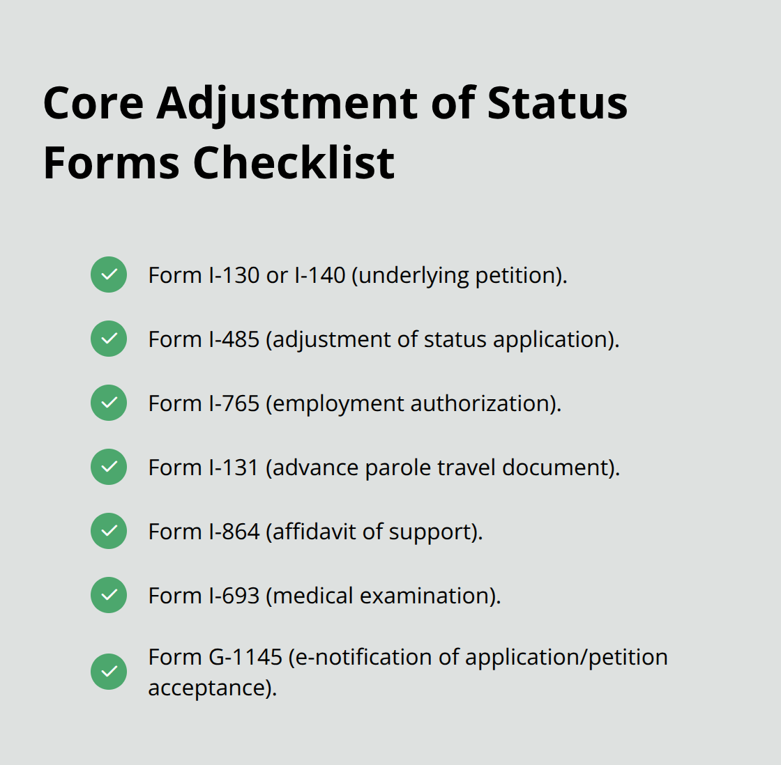 Checkmark list of the standard forms commonly filed together in an adjustment of status package. - adjustment of status checklist
