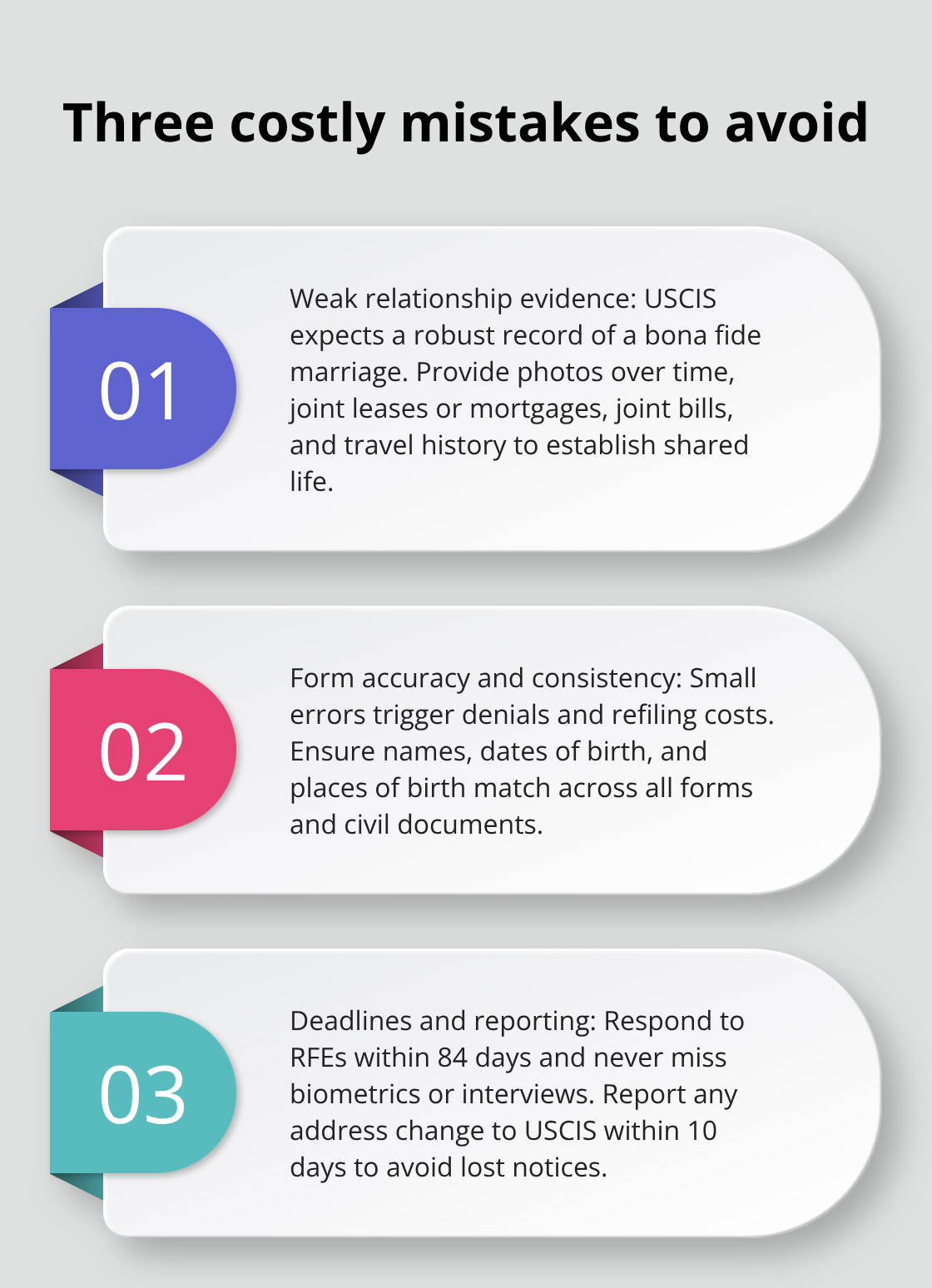 Stylized list explaining major mistakes that lead to denials or delays in marriage-based adjustment cases - adjustment of status through marriage
