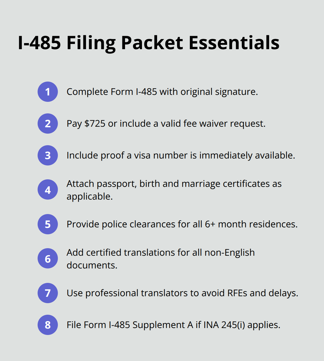 Compact checklist of required items for a correct I-485 adjustment filing - arriving alien adjustment of status