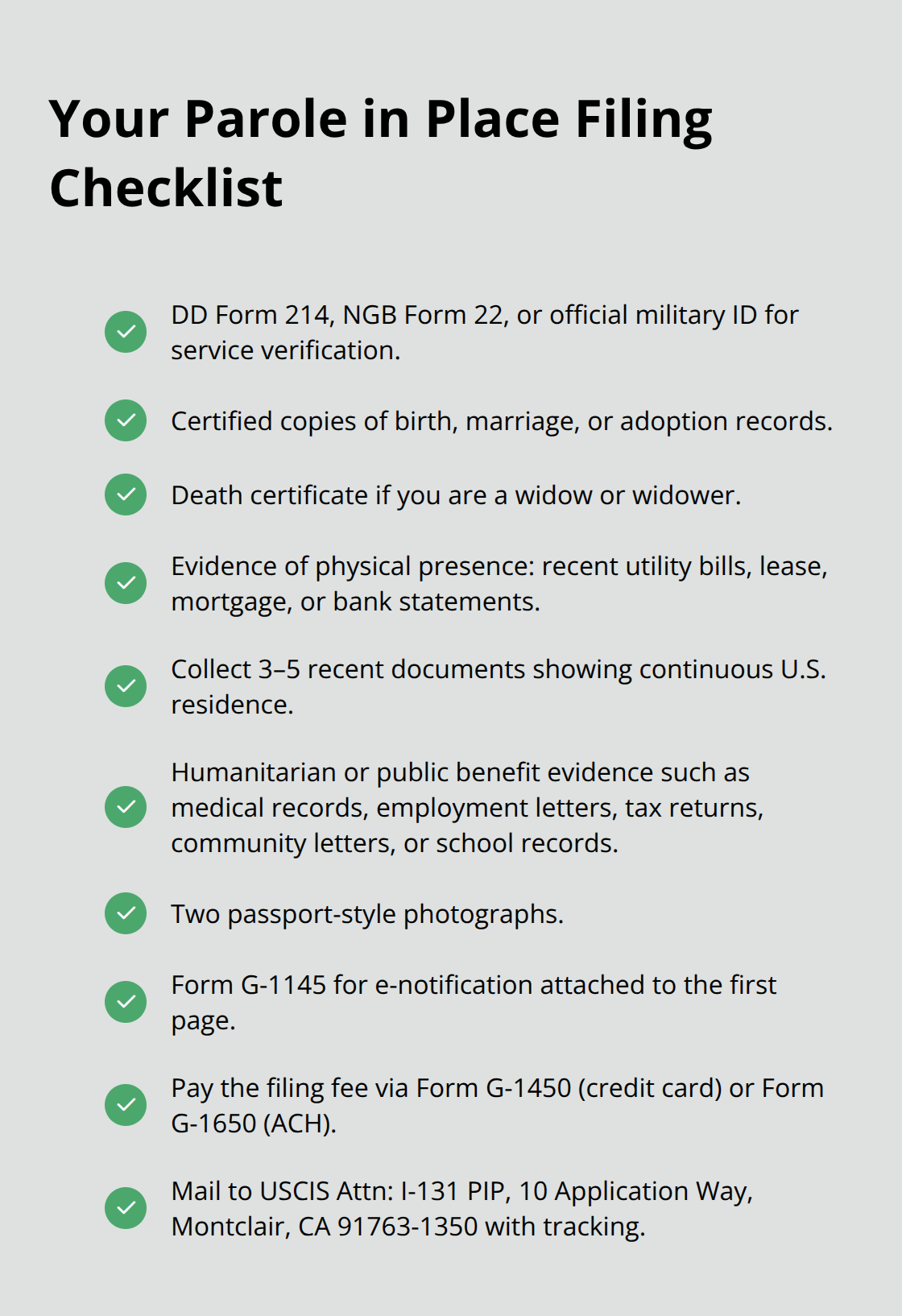 Checklist of documents and proofs required to file for parole in place in the United States.