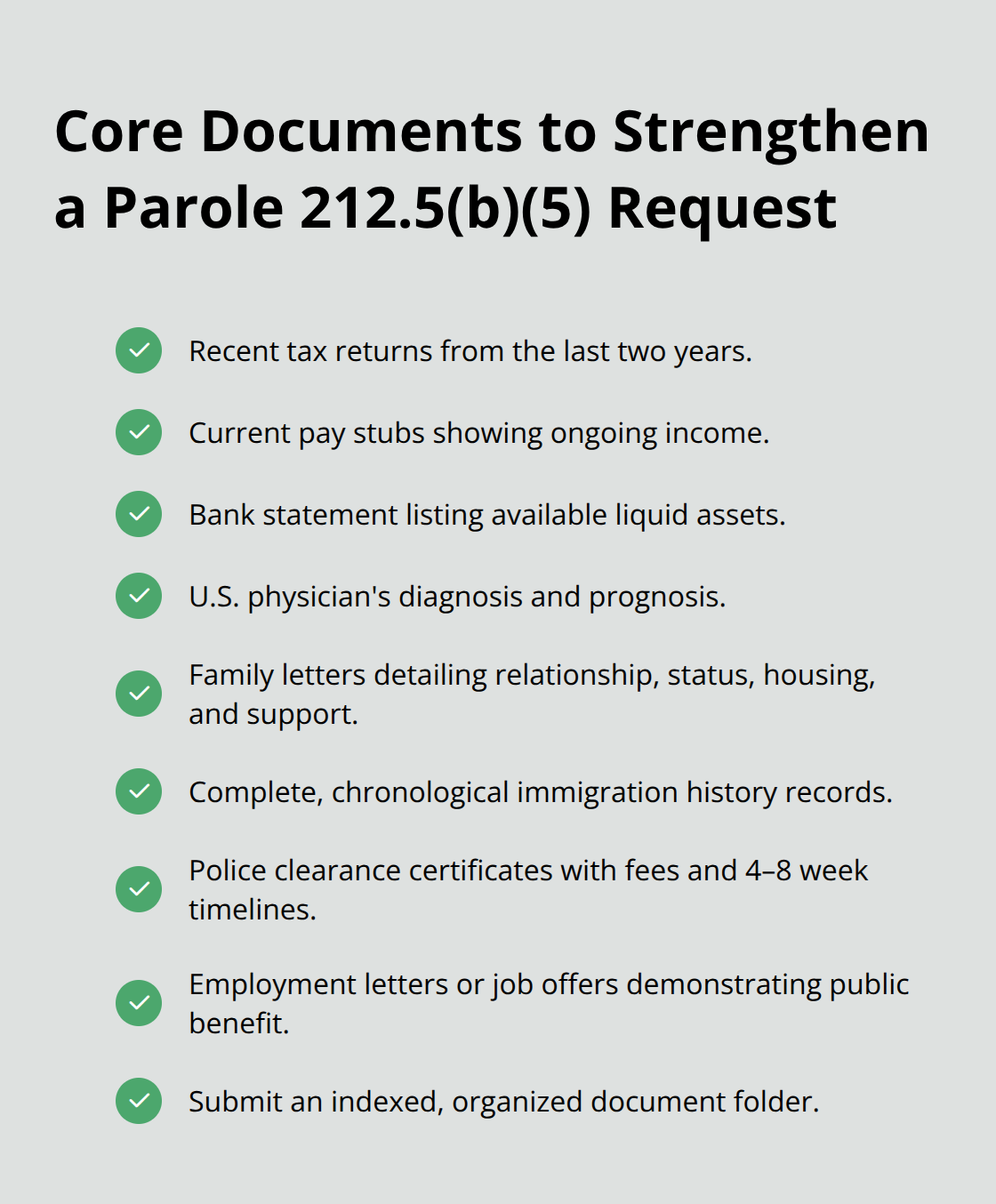 Checklist of key documents required for a strong parole application in the United States - parole 212.5 b 5 adjustment of status