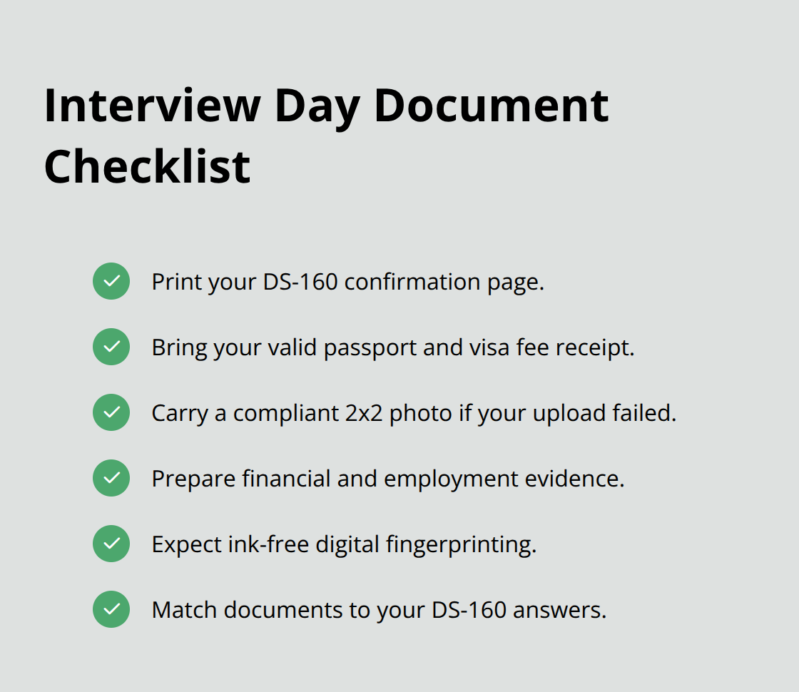 Checklist of must-bring items and steps for a consulate visa interview