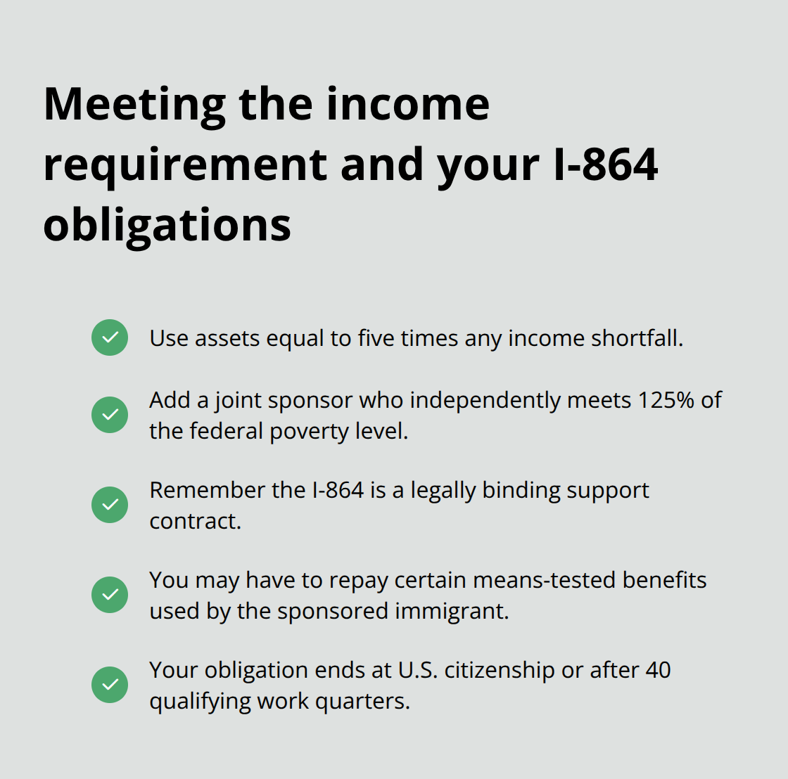 Checklist of ways to meet the I-864 income requirement and key obligations sponsors take on - Family based green cards