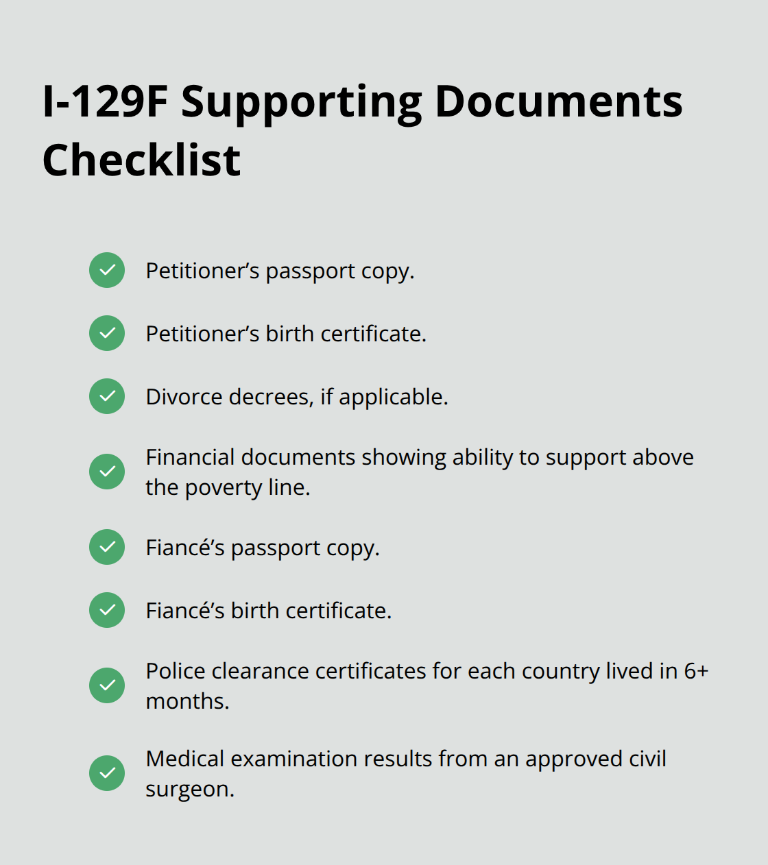 Checklist of core documents for a K-1 I-129F petition for U.S. petitioner and foreign fiancé.