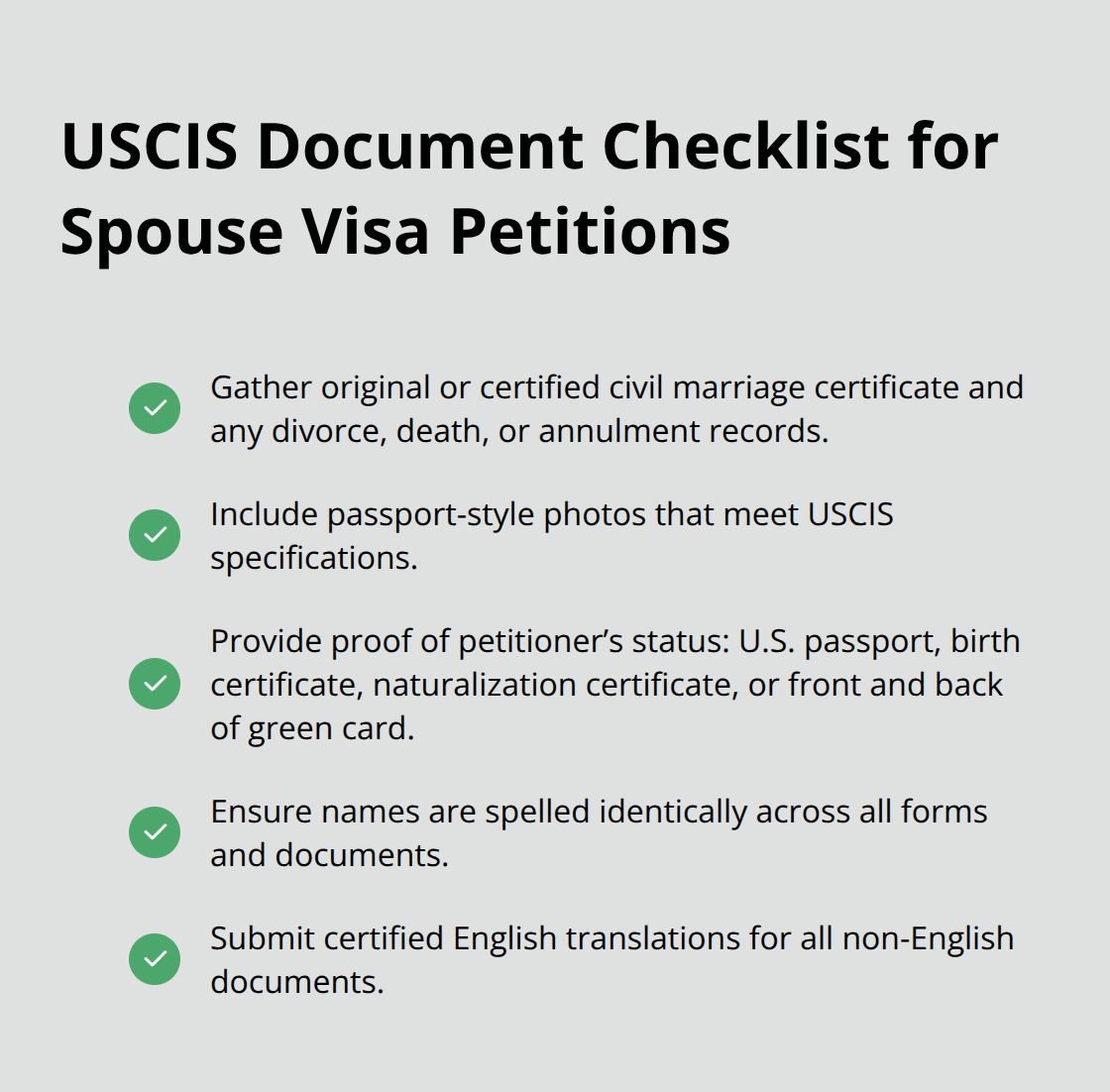 Essential documents and quality standards to include with a spouse visa filing in the United States. - Spouse visa processing