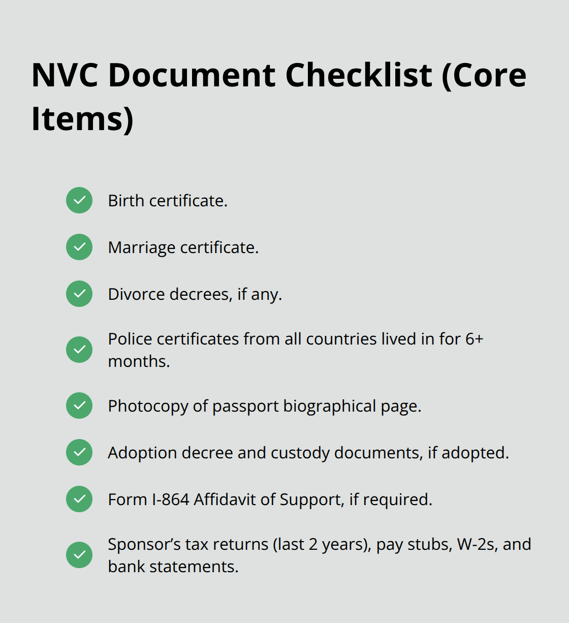 Compact checklist of key civil and financial documents required by the National Visa Center