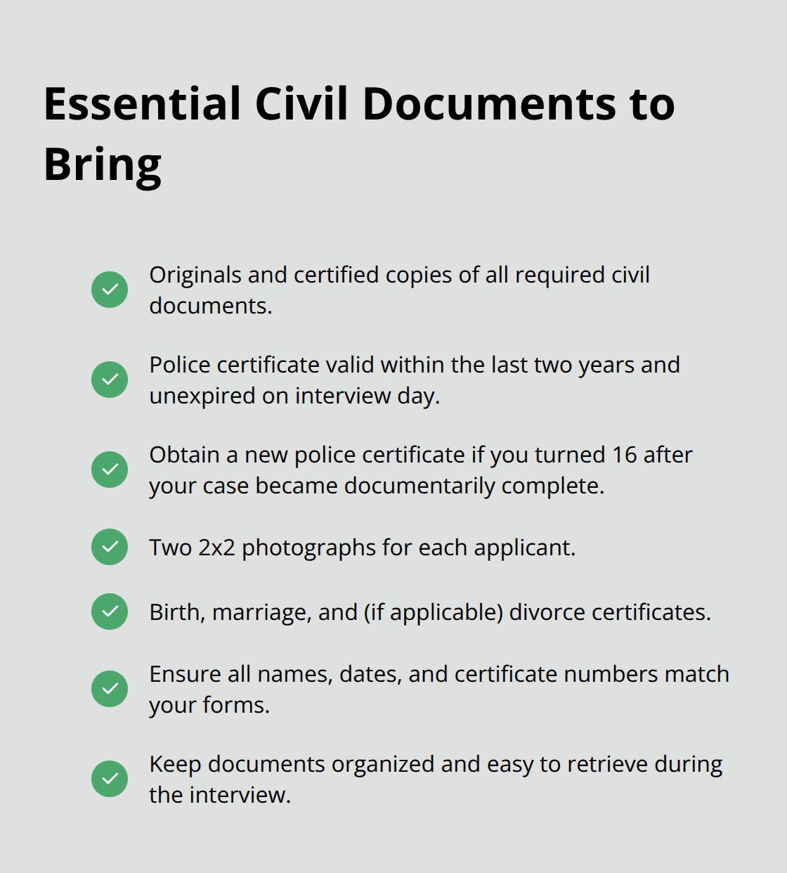 Checklist of key civil documents and identification items for a spousal visa interview in the United States.