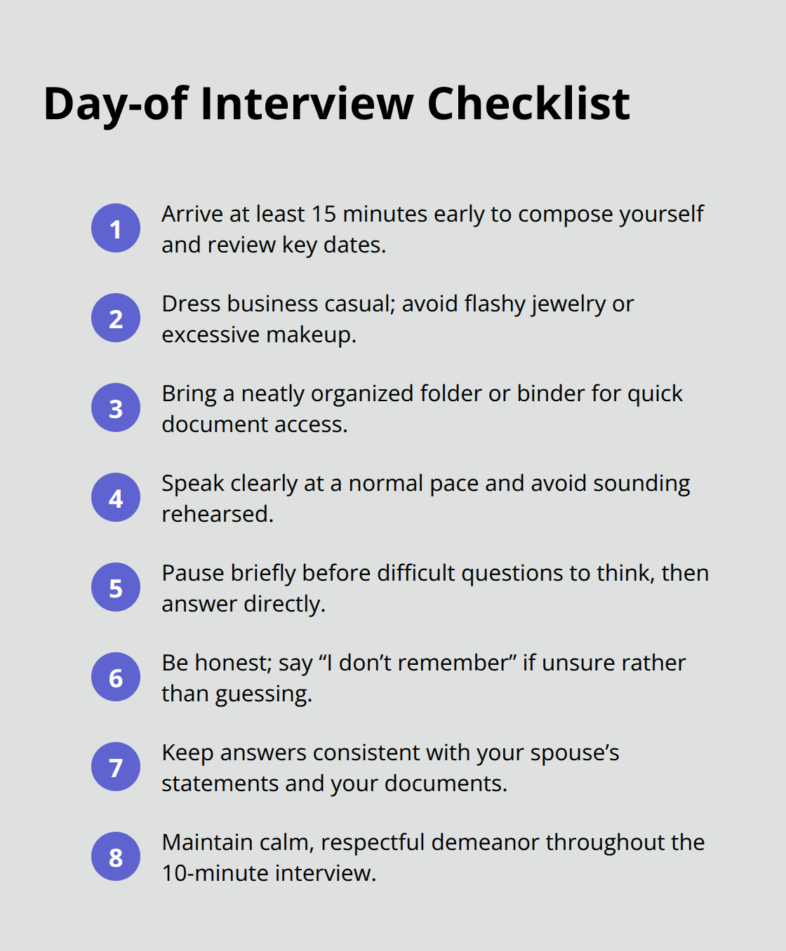 Compact checklist of practical steps to present confidently at a U.S. spousal visa interview. - spousal visa interview tips