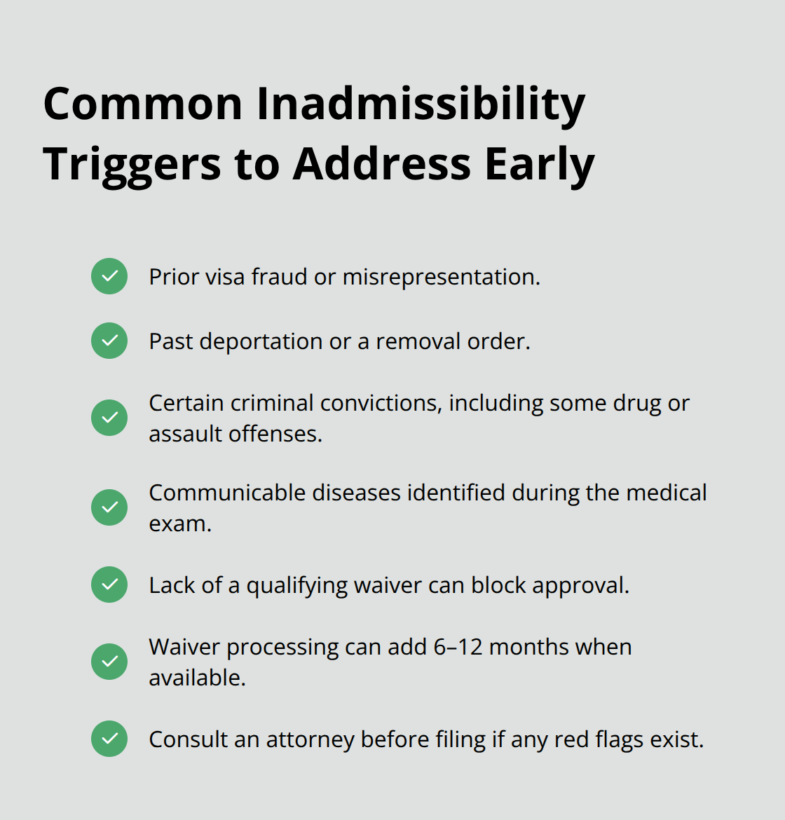 Checklist of frequent inadmissibility grounds and related waiver timing for child immigration cases. - Child immigration options