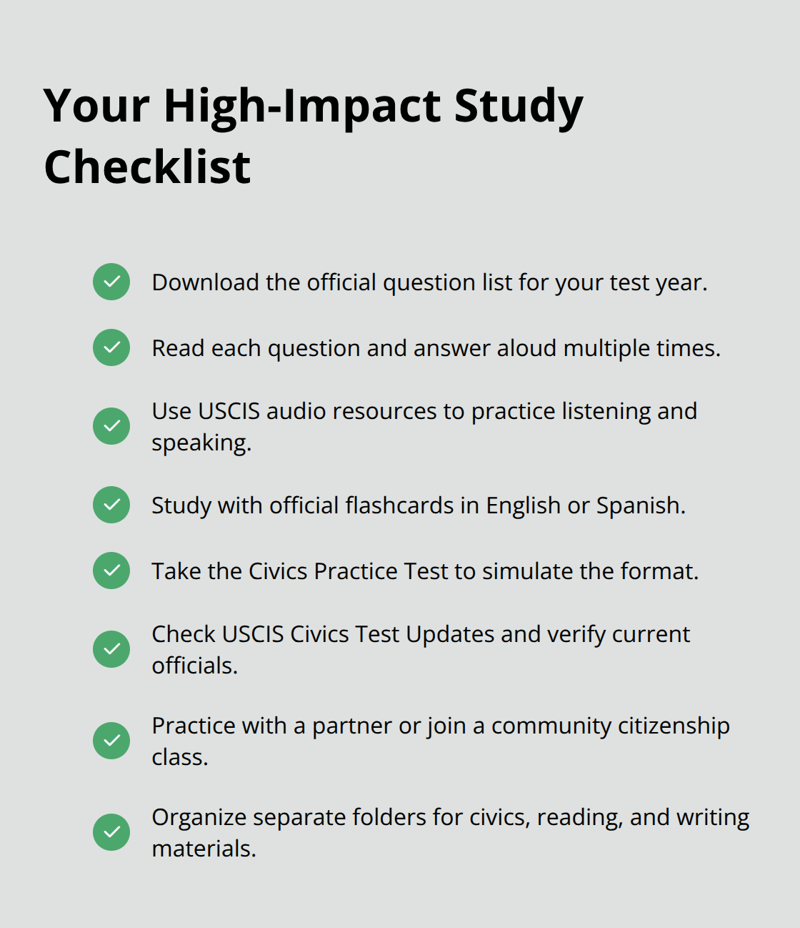 Checklist of actionable steps using official USCIS resources to prepare efficiently. - naturalization exam requirements