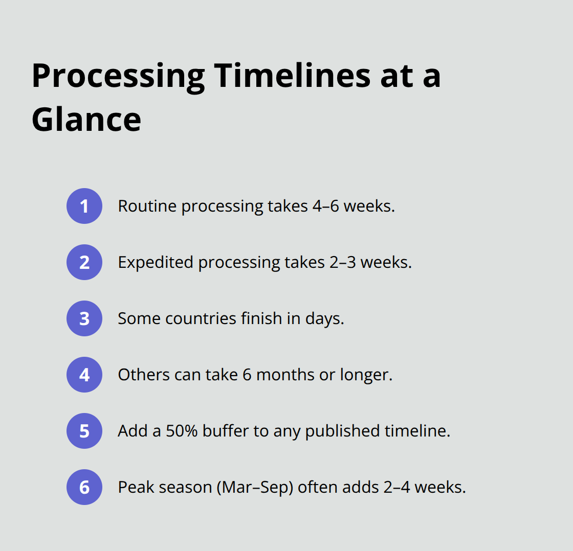 Compact list summarizing routine, expedited, and seasonal consulate processing timelines - Consulate processing steps