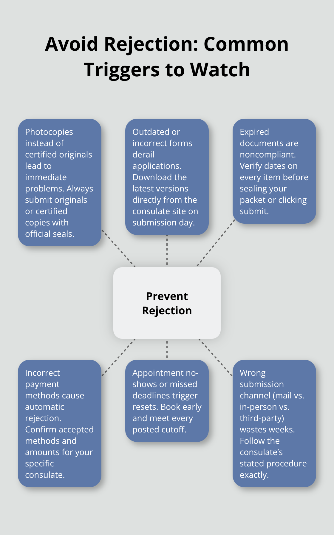 Hub-and-spoke showing key reasons consulate applications get rejected and how to avoid them - Consulate processing steps