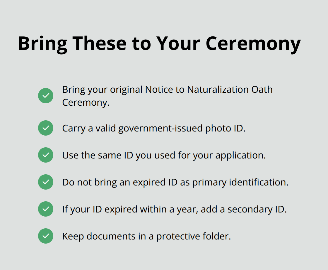 Document checklist and ID rules for a U.S. naturalization ceremony