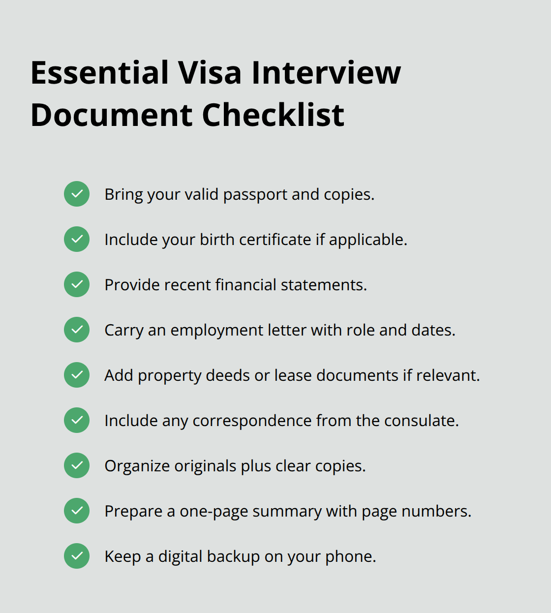 Checklist of essential documents to bring to a US visa interview. - US visa interview tips