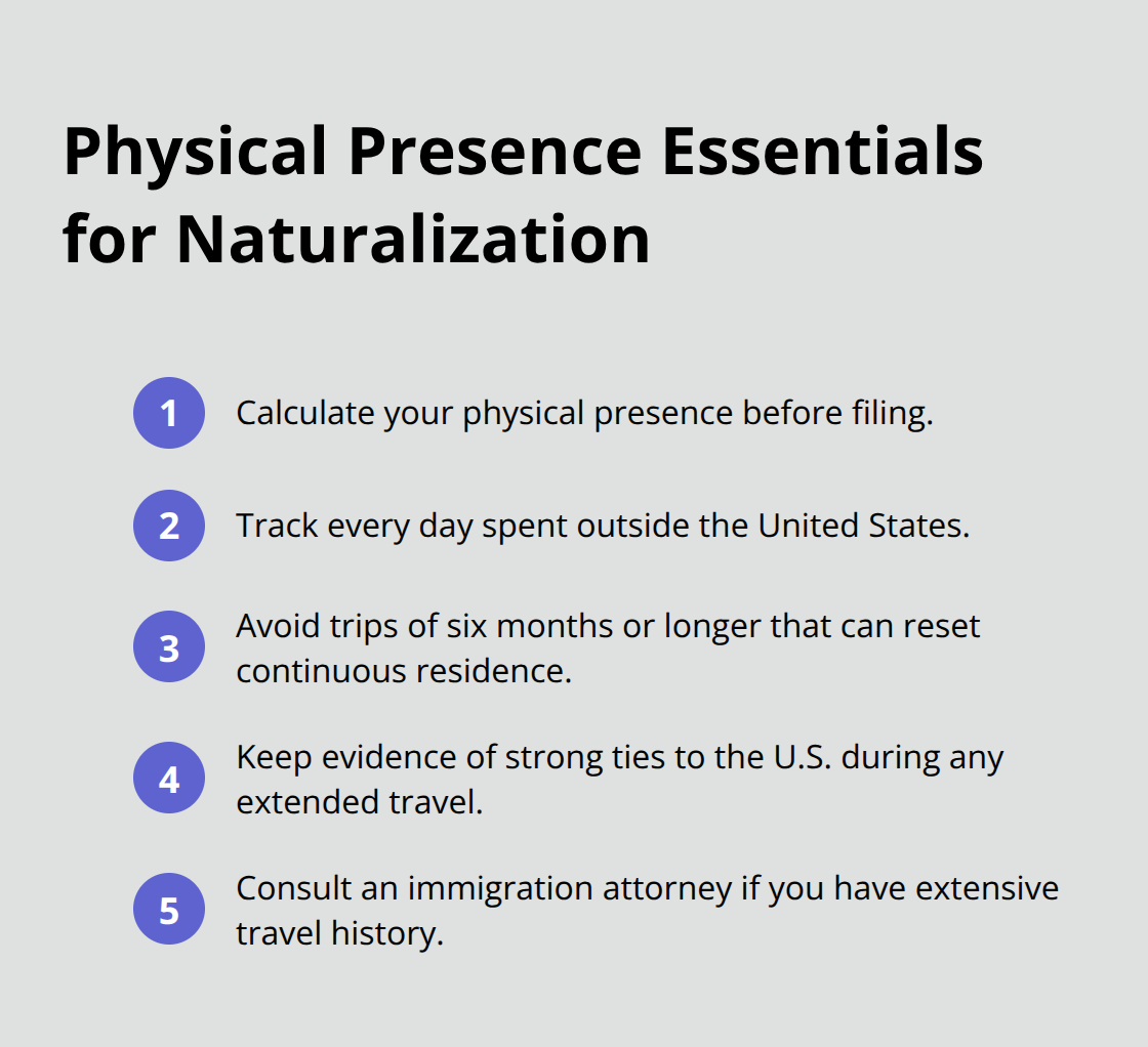 Key steps to manage physical presence and continuous residence for U.S. naturalization. - Citizenship by naturalization requirements