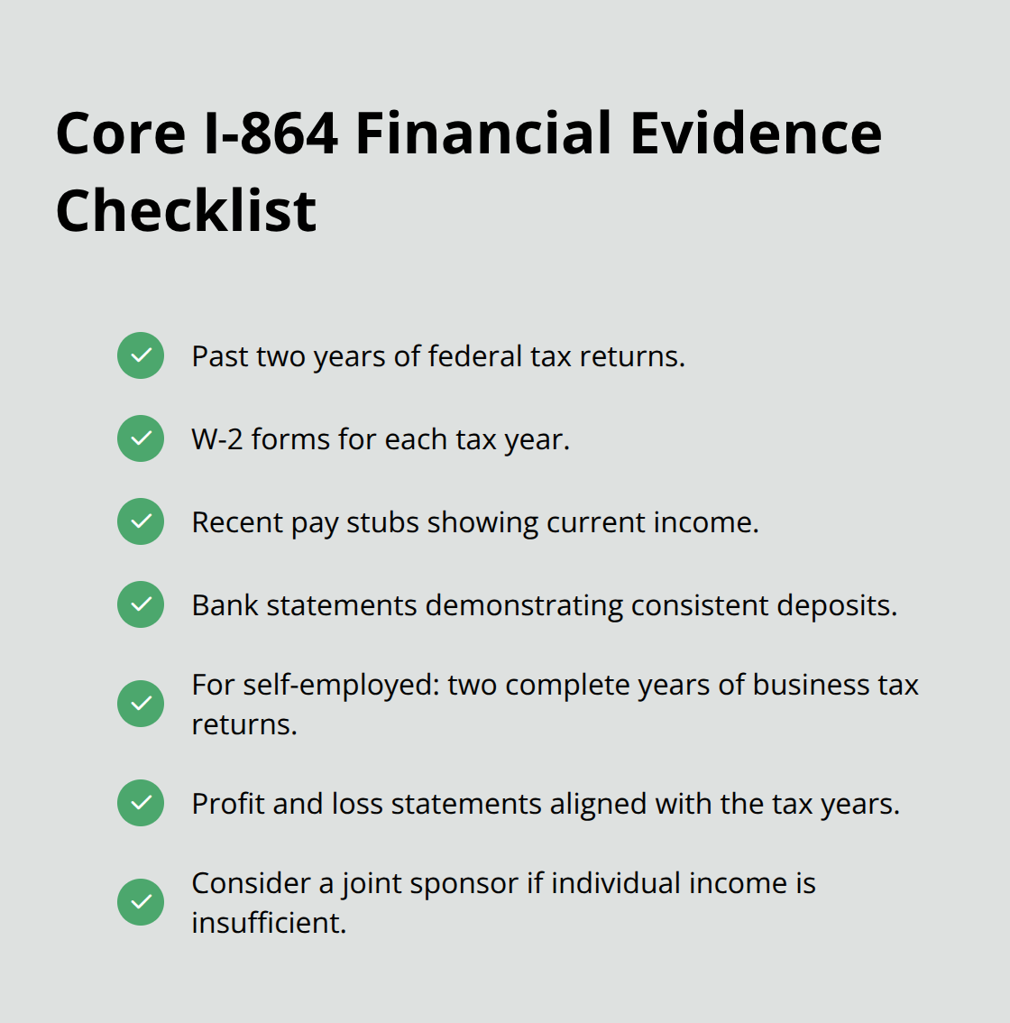 Checklist of documents and proof needed to demonstrate financial support on Form I-864 for parent sponsorship.