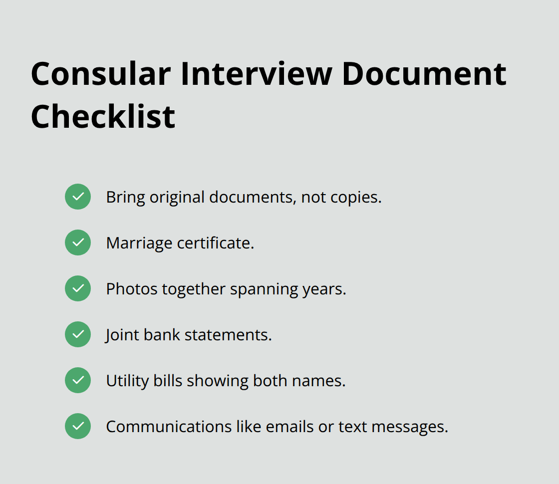 Checklist of documents to bring to the consular interview for spousal sponsorship.